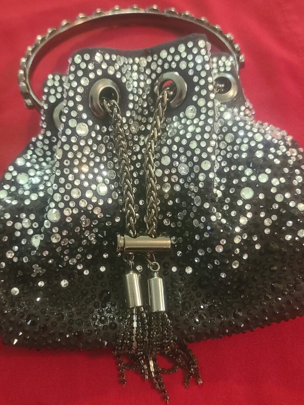 Stunning Crystal Embellished Black Satin Bucket Bag Jimmy Choo Inspired Glam